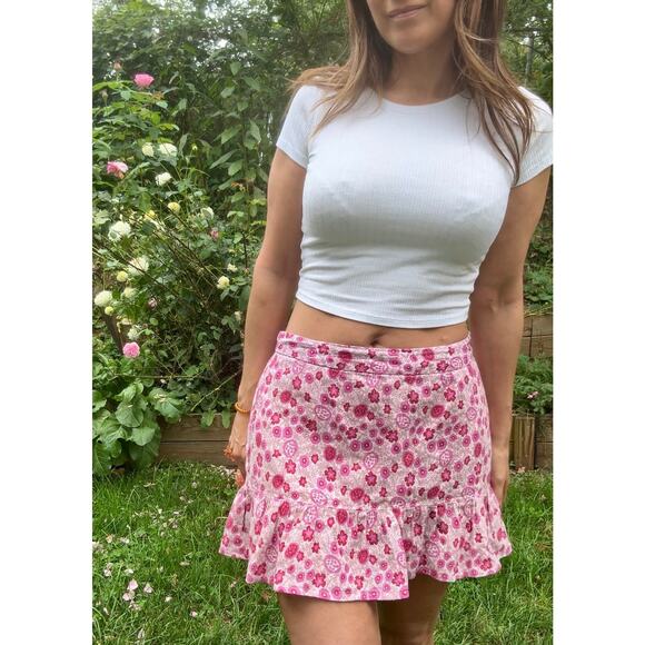 Reworked Pink Floral Cotton Mini Skirt – Made in India - Picture 1 of 7